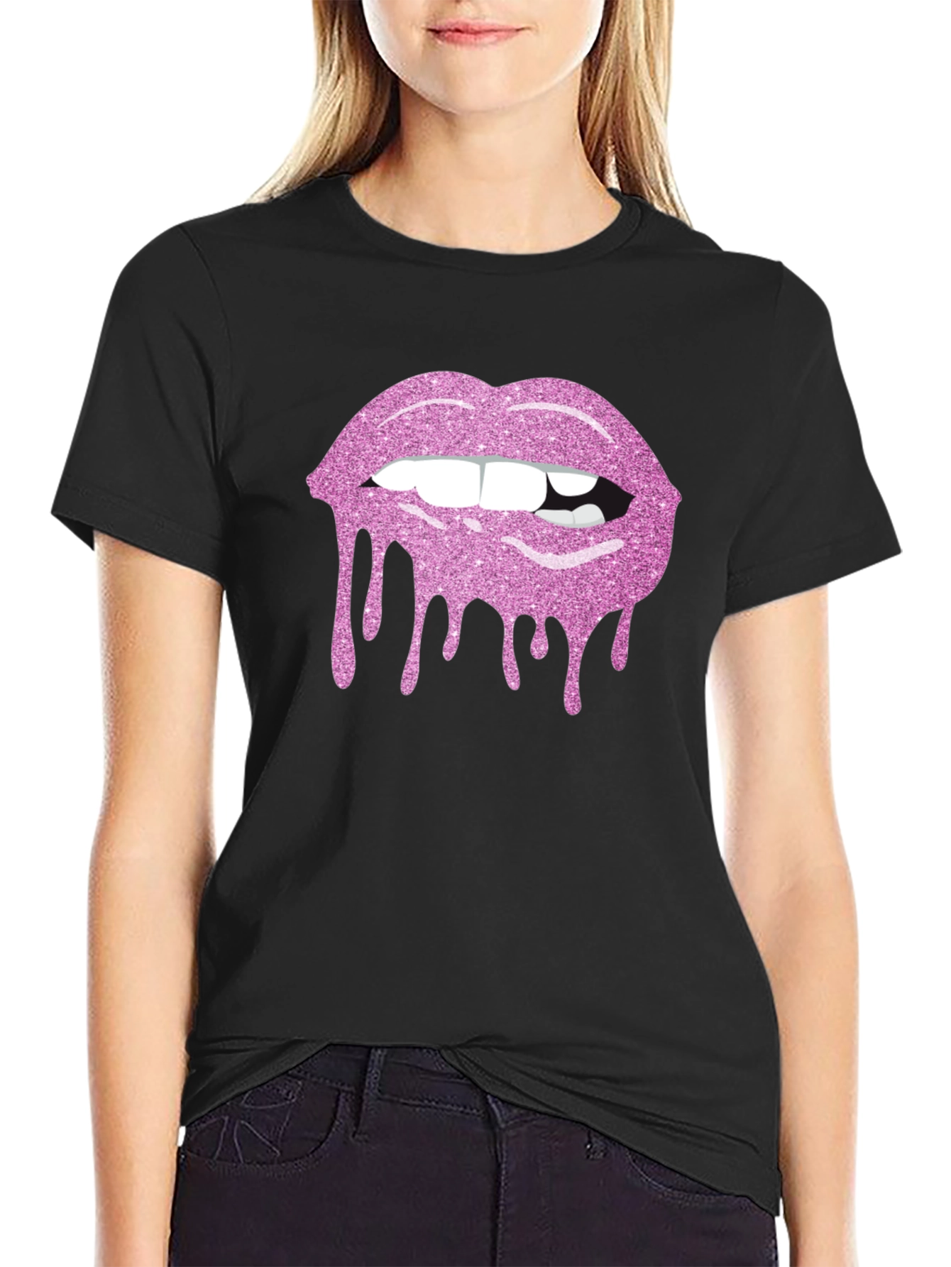 Pink Glitter Lips Black T-Shirt