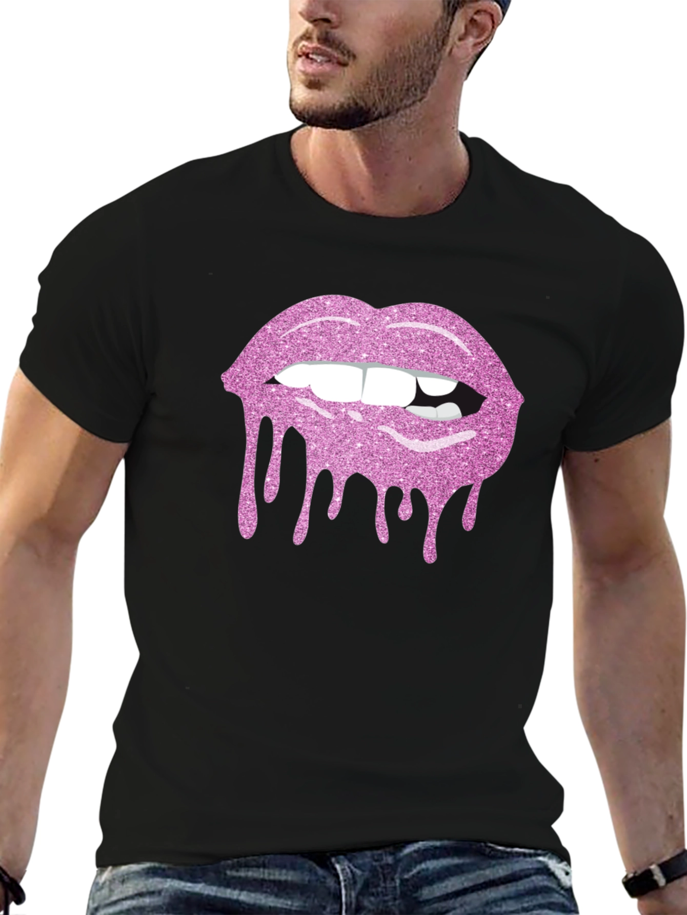 Pink Glitter Lips Black T-Shirt