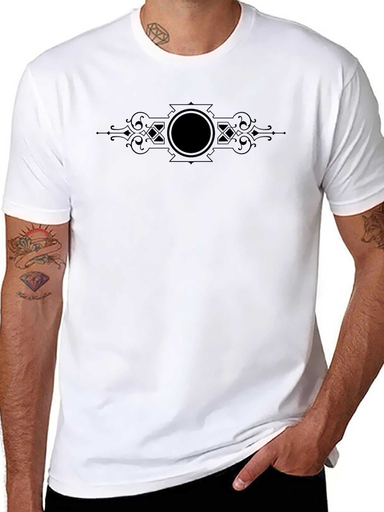 Elegant Black Tee with Ornamental Center Design