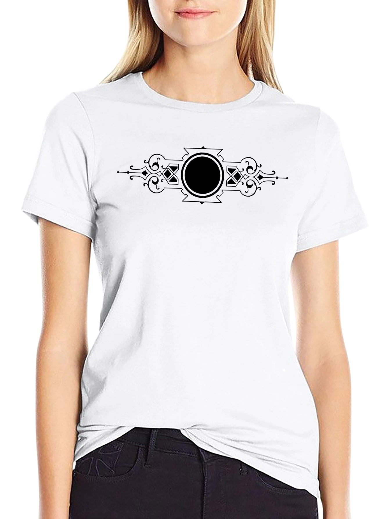 Elegant Black Tee with Ornamental Center Design