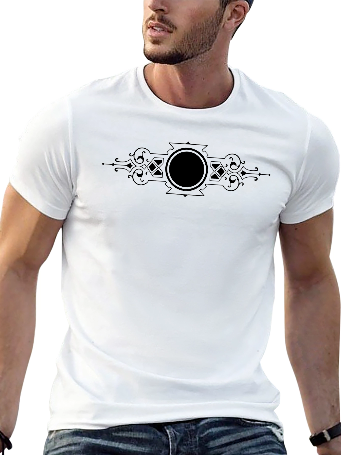 Elegant Black Tee with Ornamental Center Design