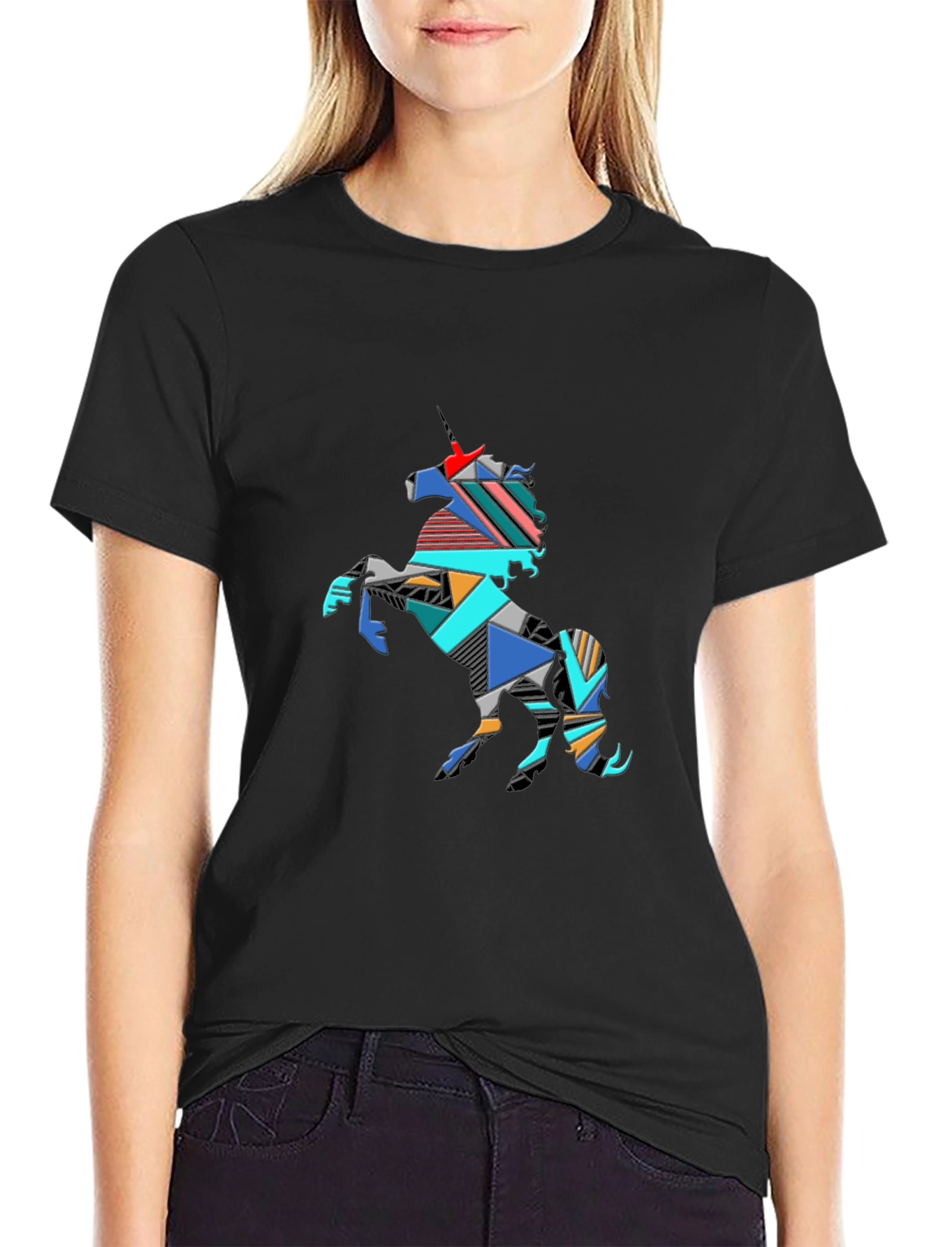 Geometric Unicorn Graphic Tee - Black