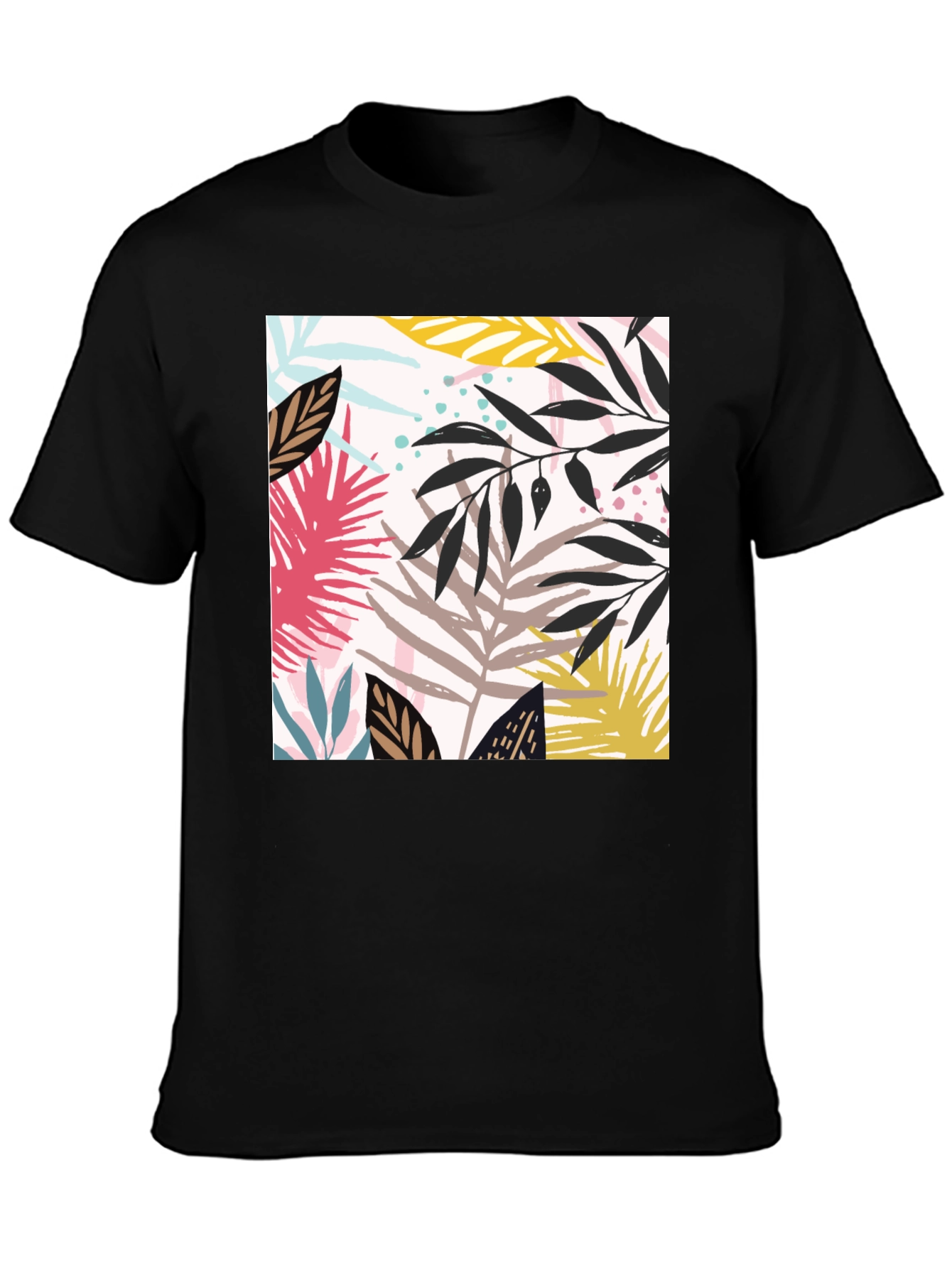 Tropical Leaf Print Black T-Shirt for Men