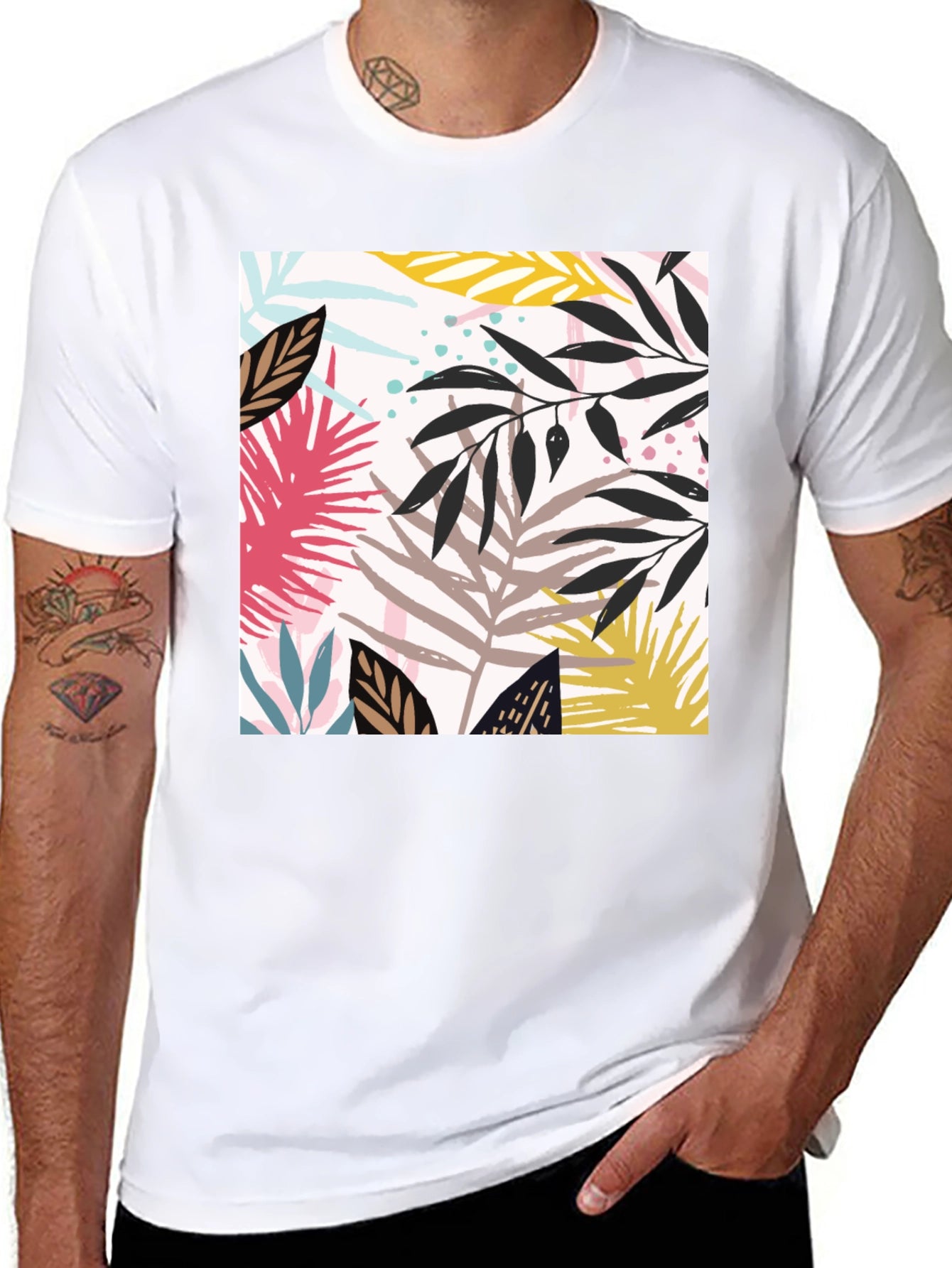Tropical Leaf Print Black T-Shirt for Men