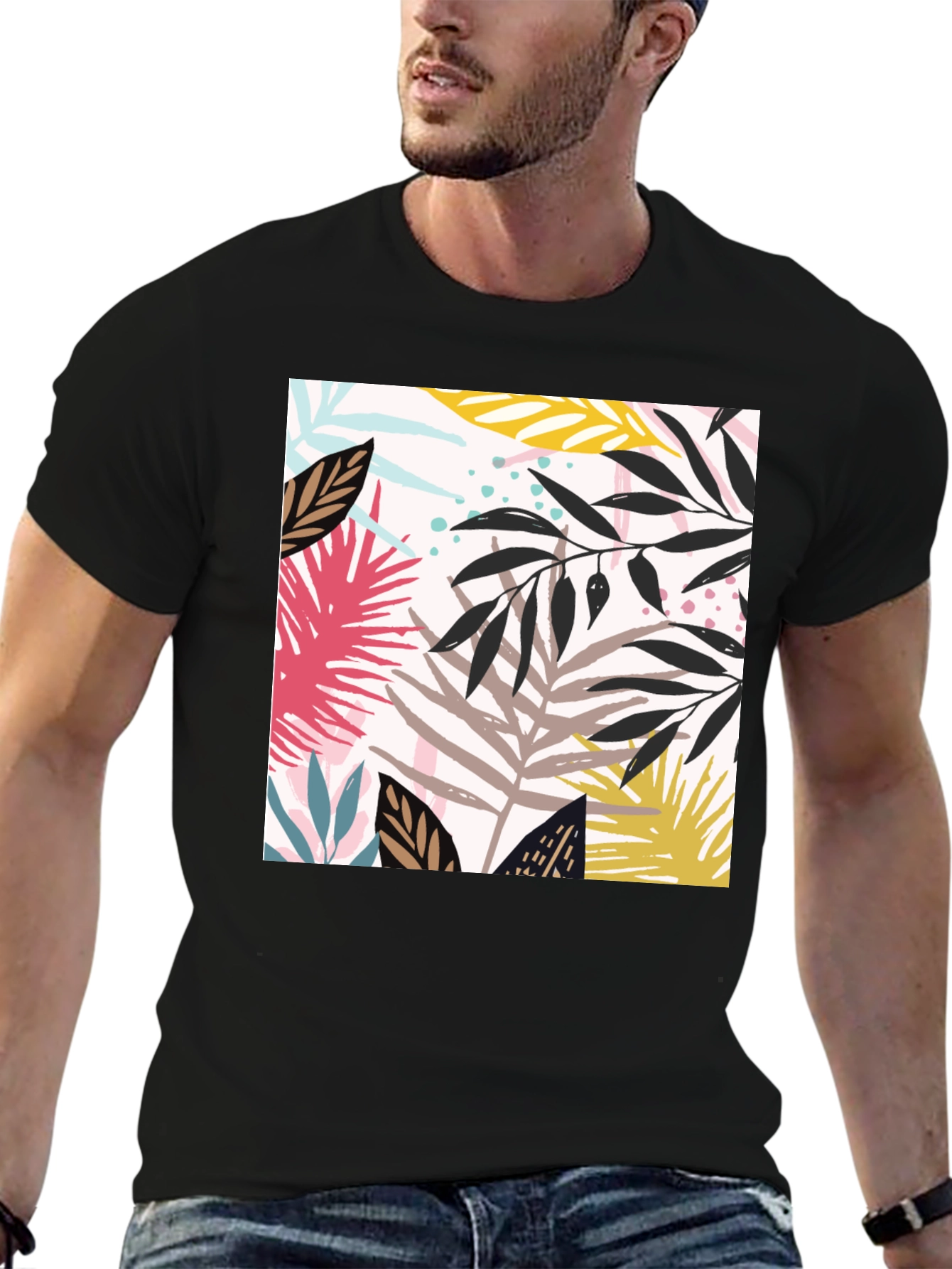 Tropical Leaf Print Black T-Shirt for Men