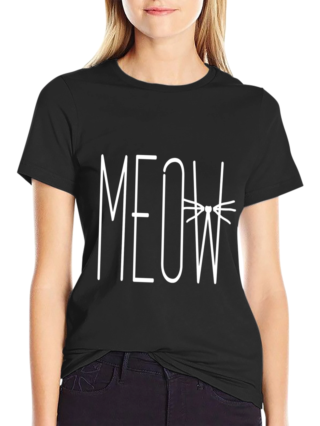 Meow Cat Graphic Black T-Shirt