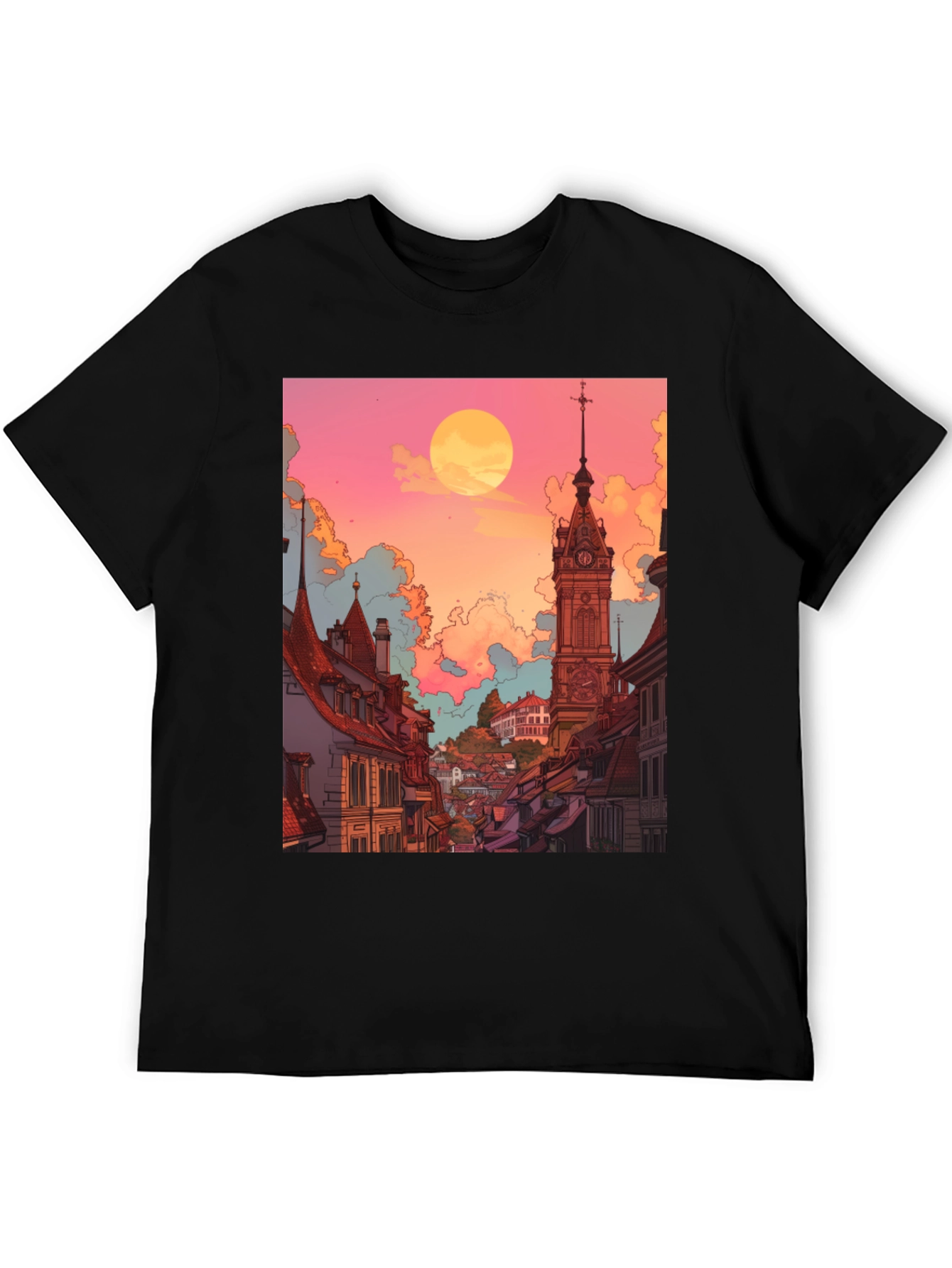 Retro Cityscape Graphic Tee - Unisex Black T-Shirt