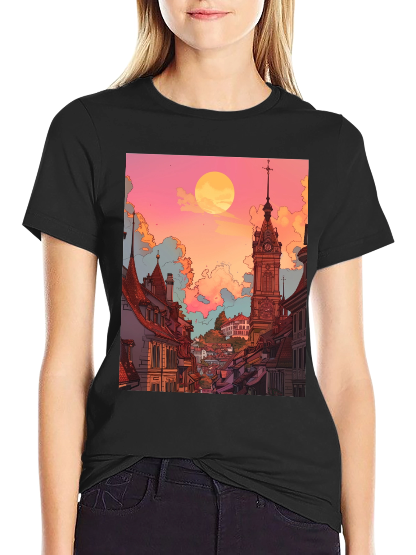 Retro Cityscape Graphic Tee - Unisex Black T-Shirt
