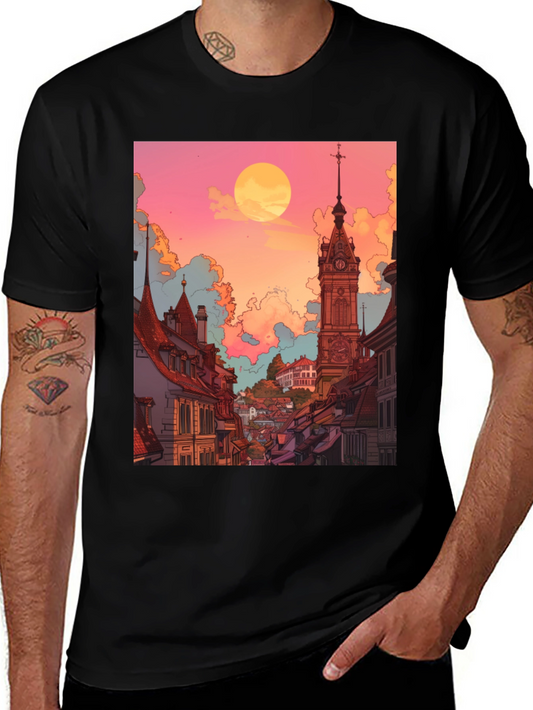 Retro Cityscape Graphic Tee - Unisex Black T-Shirt
