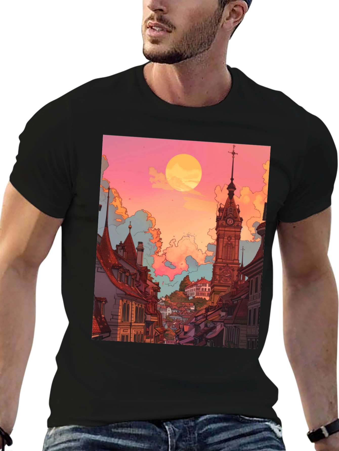 Retro Cityscape Graphic Tee - Unisex Black T-Shirt