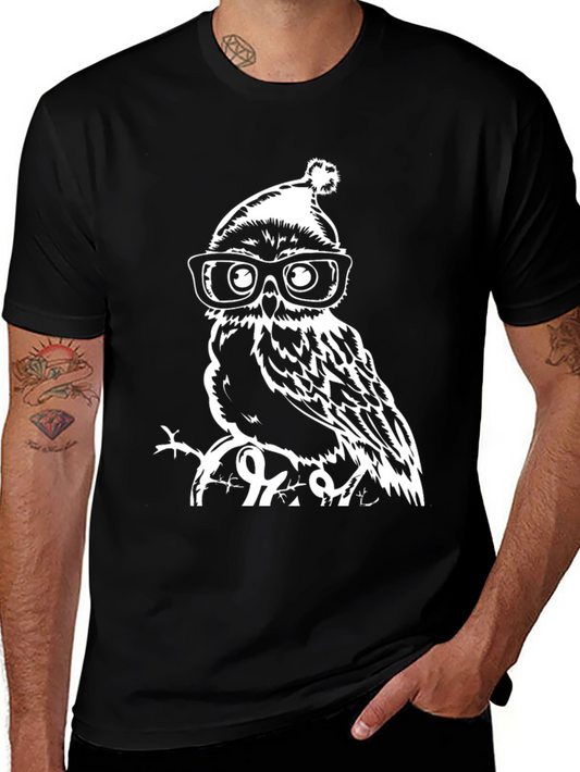 Cool Owl in Hat Graphic Tee - Black Cotton T-Shirt