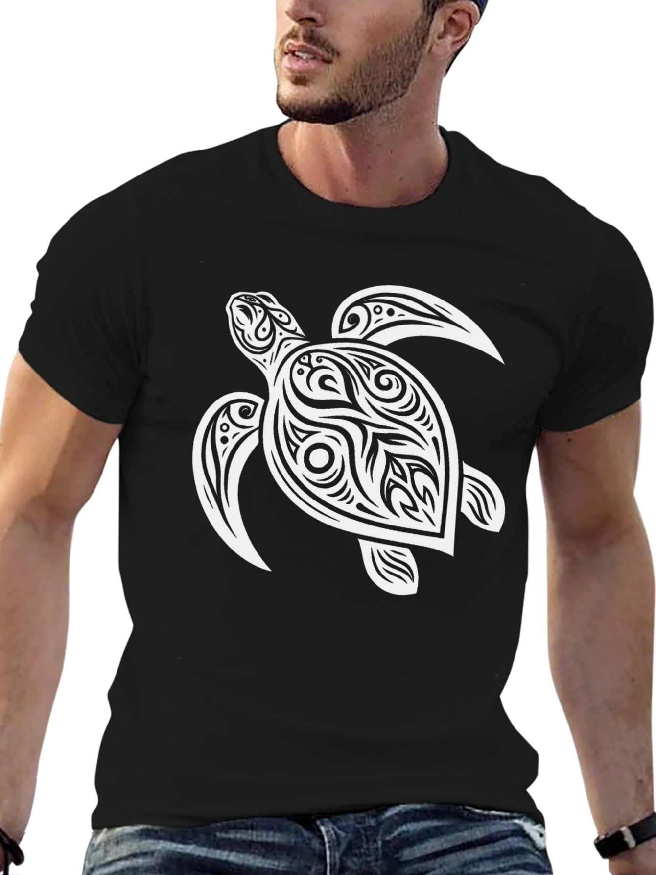 Mens Black T-Shirt with Turtle Graphic