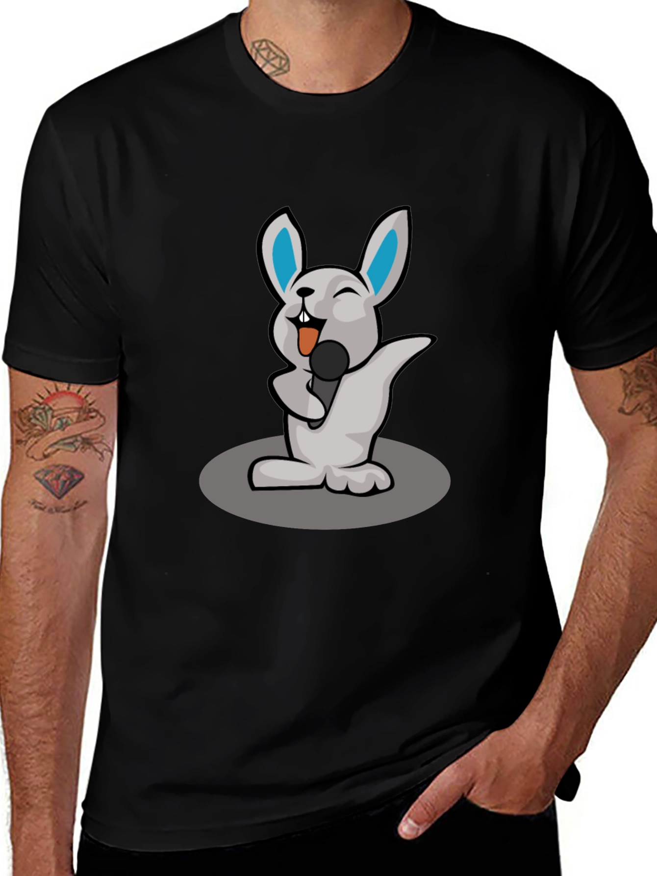 Singing Rabbit Graphic T-Shirt - Black Cotton Tee