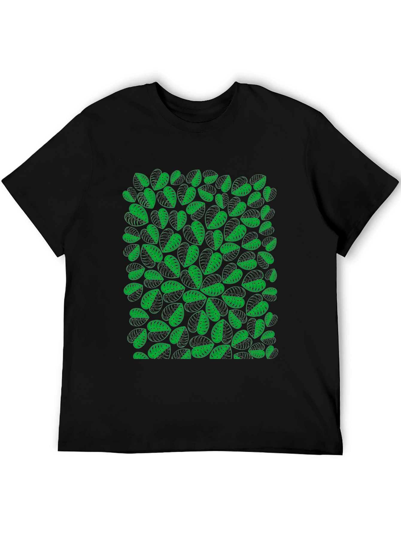 Green Leaf Pattern Black T-Shirt