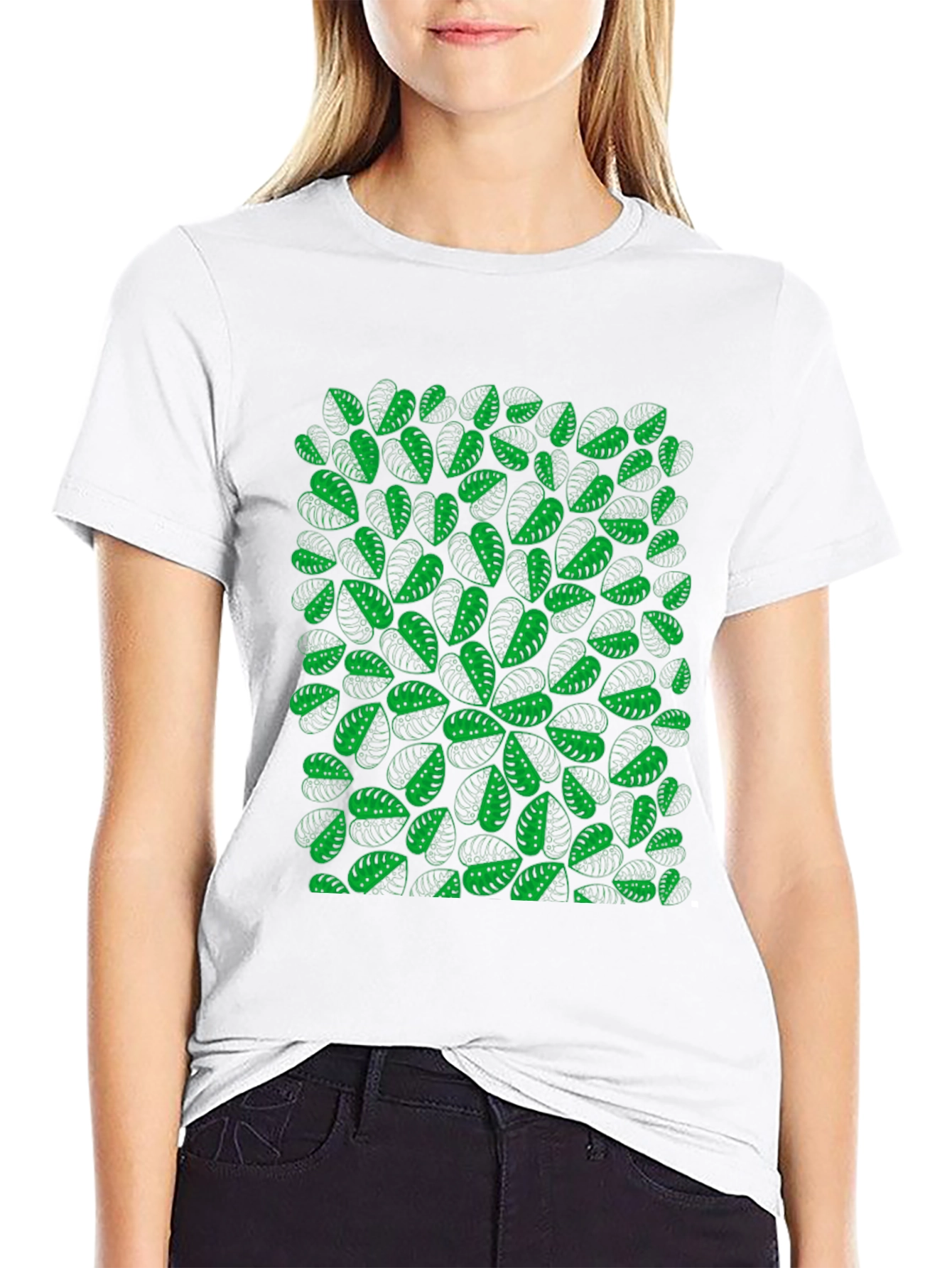 Green Leaf Pattern Black T-Shirt