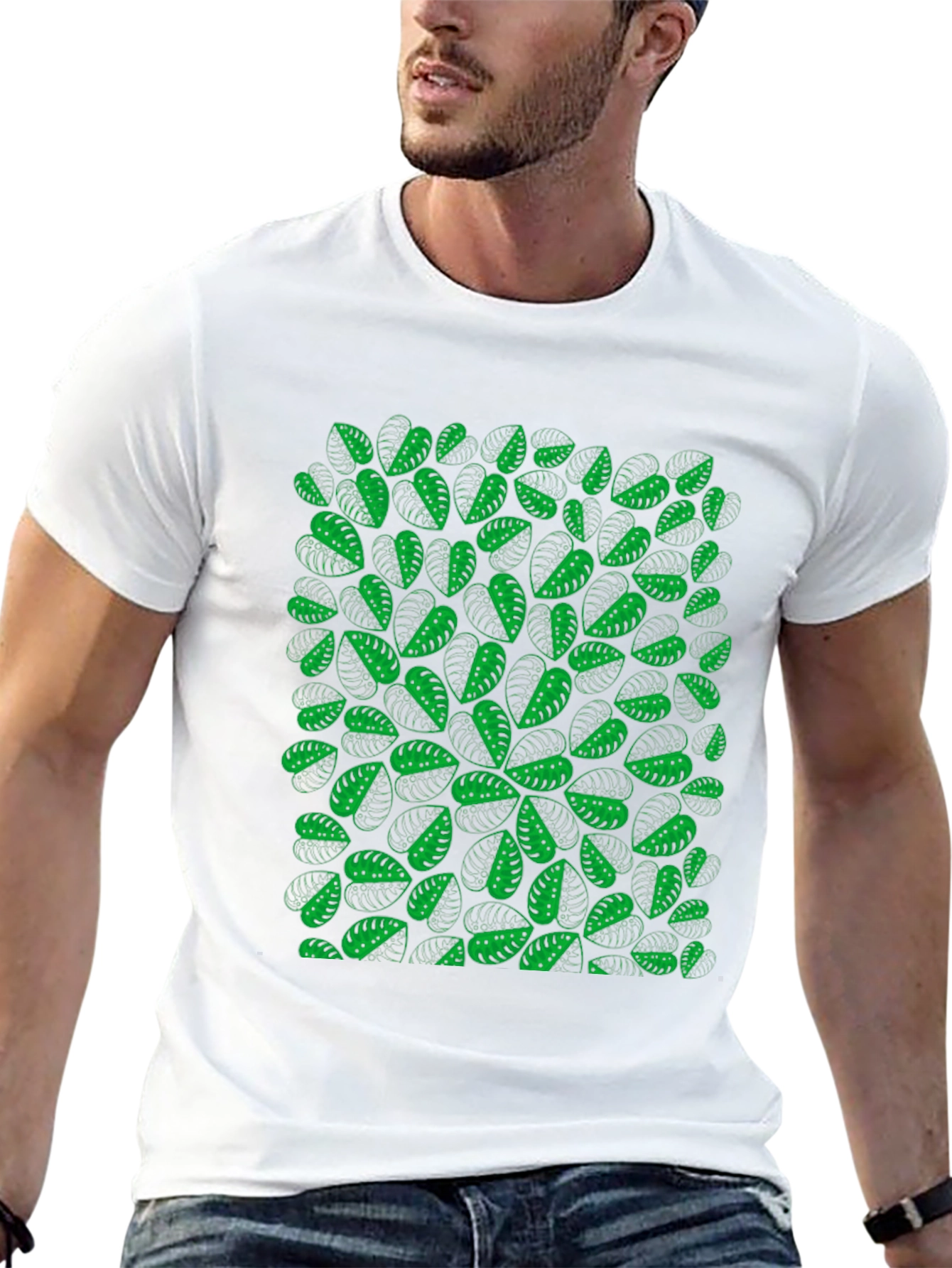 Green Leaf Pattern Black T-Shirt