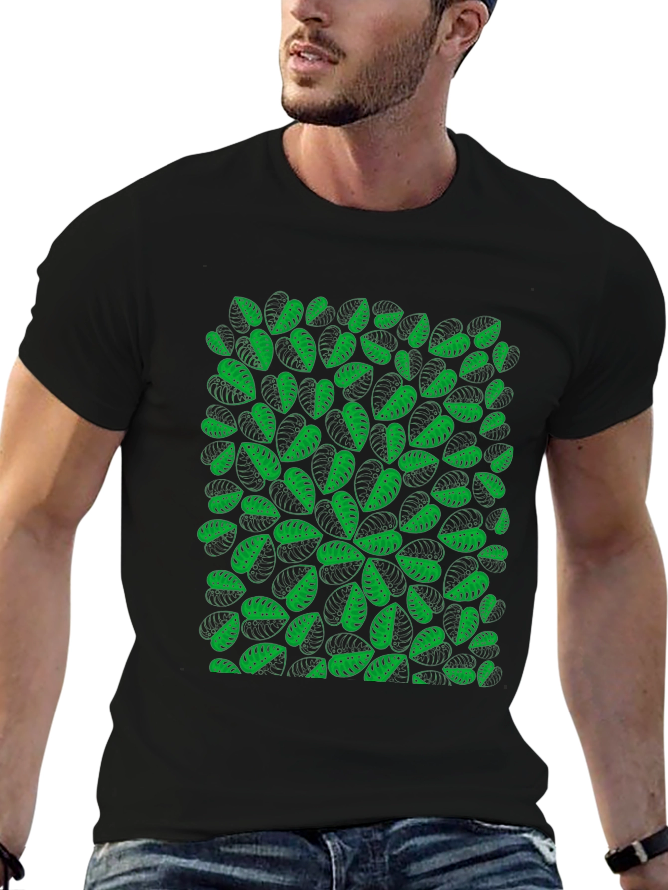 Green Leaf Pattern Black T-Shirt