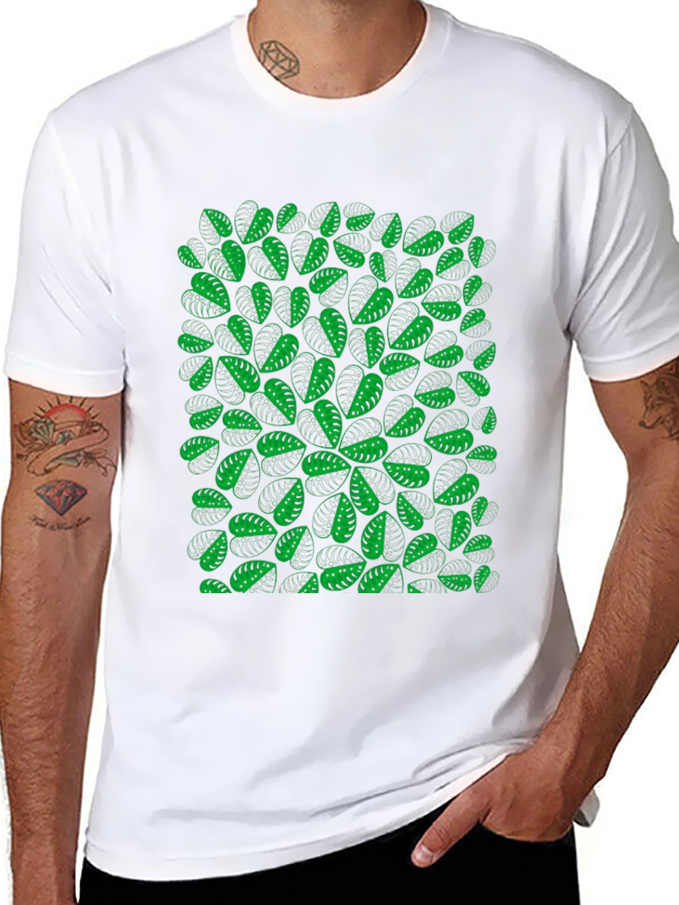 Green Leaf Pattern Black T-Shirt