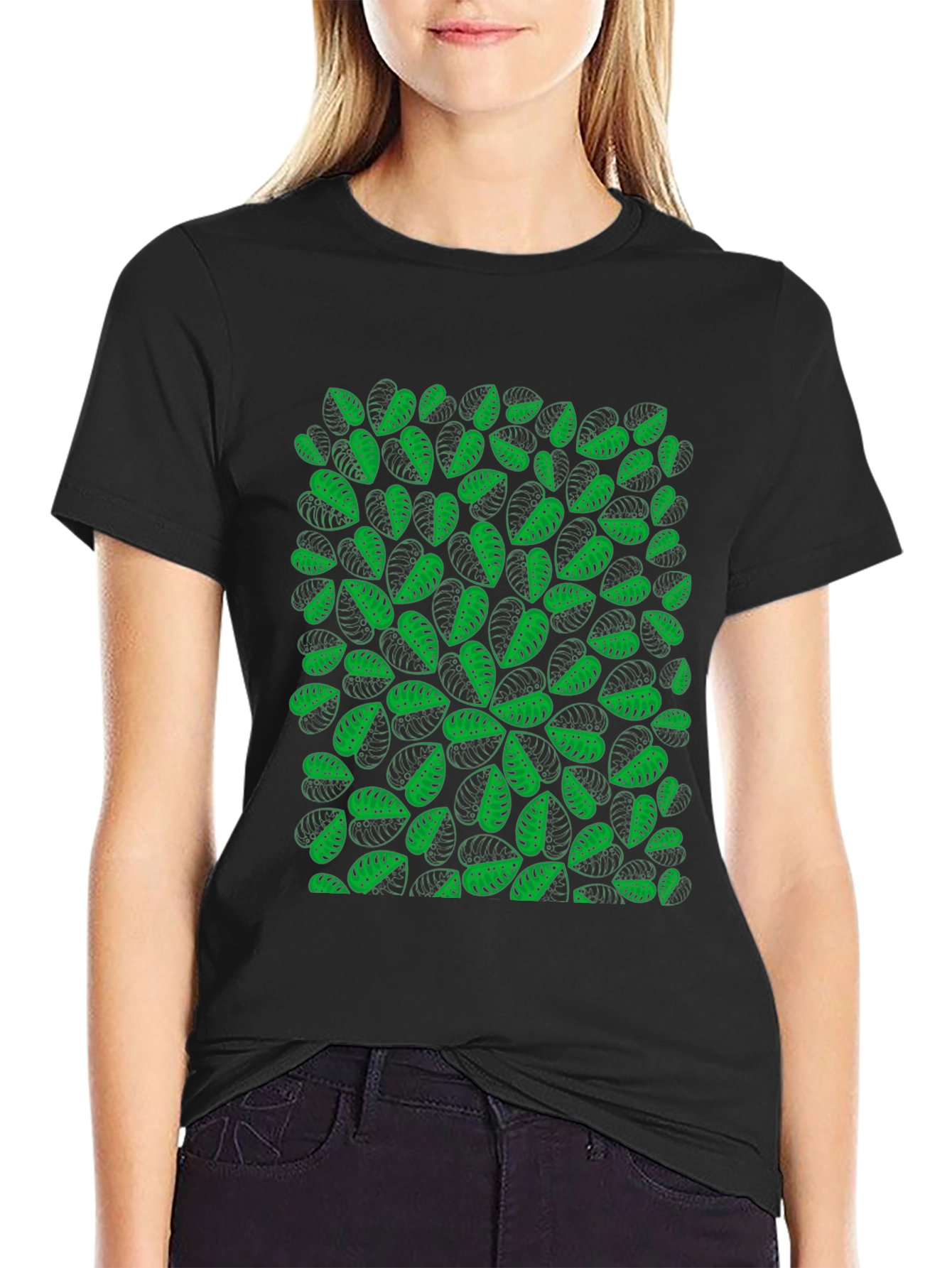 Green Leaf Pattern Black T-Shirt