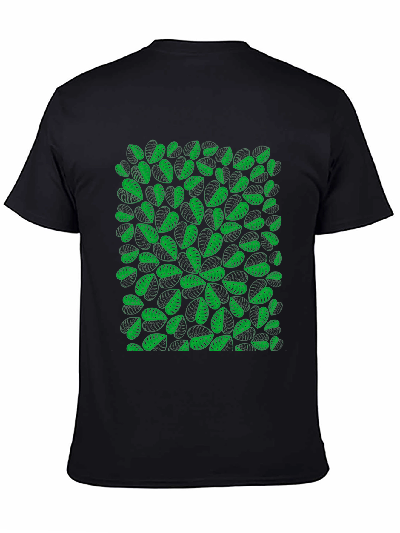 Green Leaf Pattern Black T-Shirt