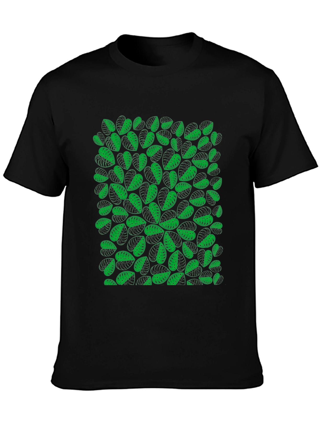 Green Leaf Pattern Black T-Shirt