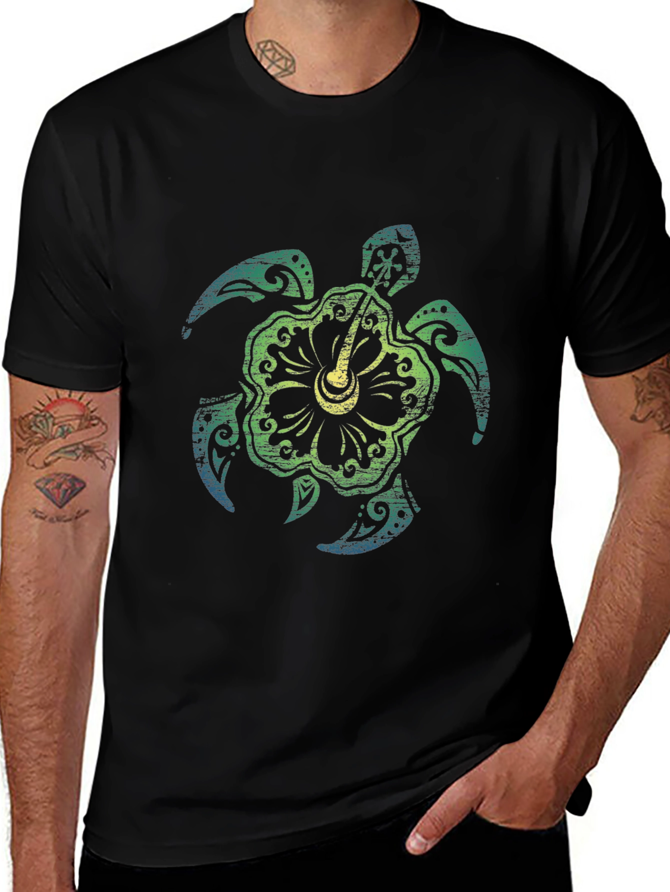 Turtle Hibiscus Graphic Tee - Black