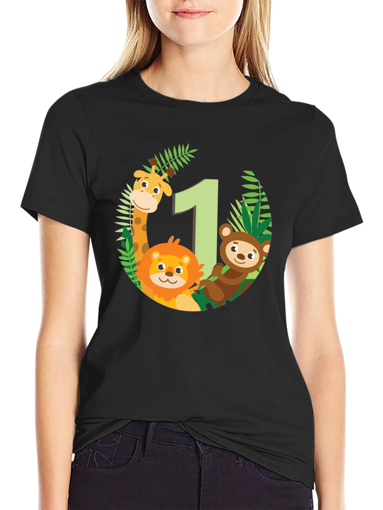 Jungle Animals First Birthday Black T-Shirt