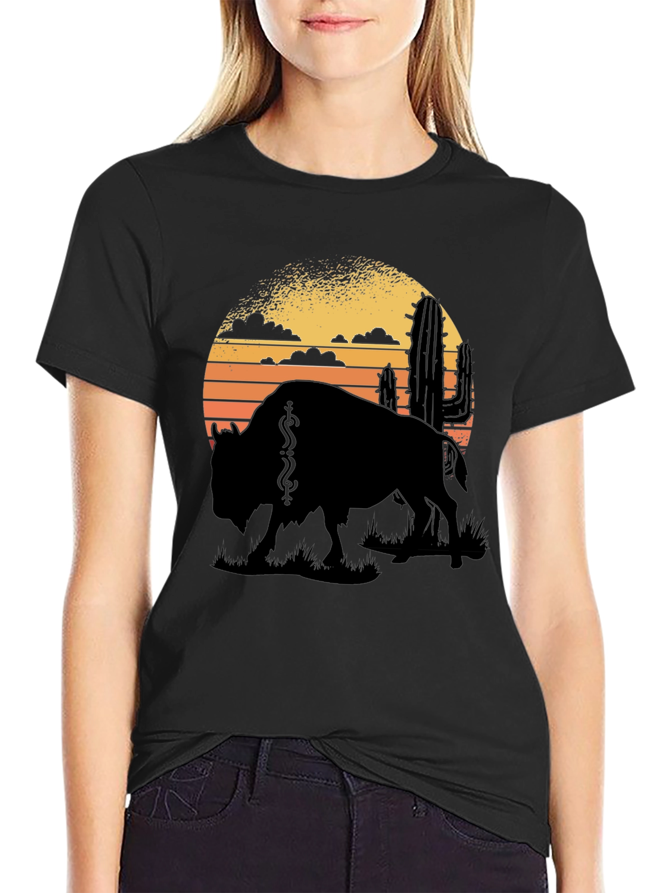Buffalo Sunset Graphic Tee - Black Cotton T-Shirt