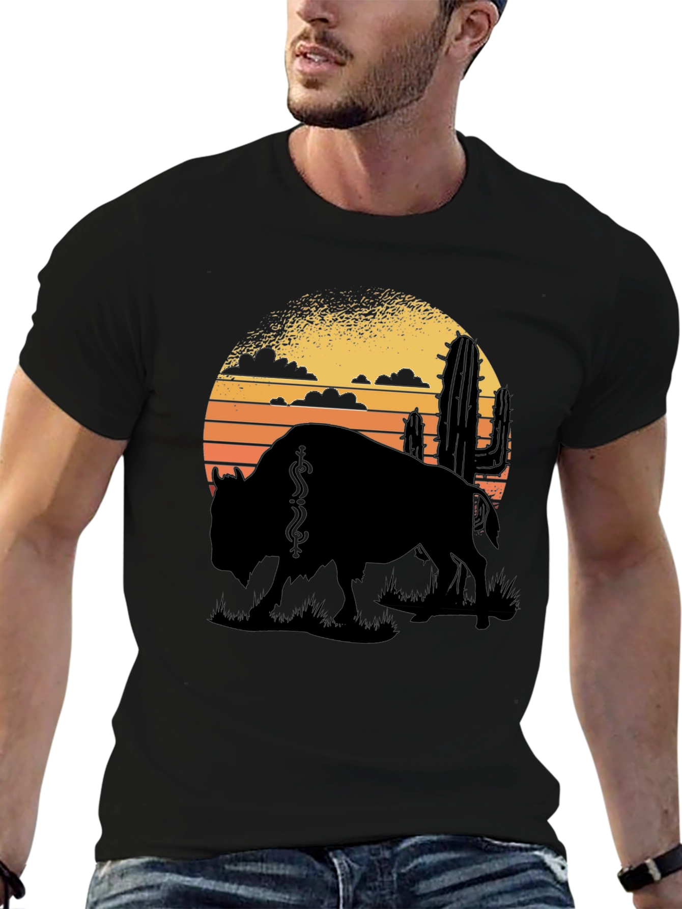 Buffalo Sunset Graphic Tee - Black Cotton T-Shirt