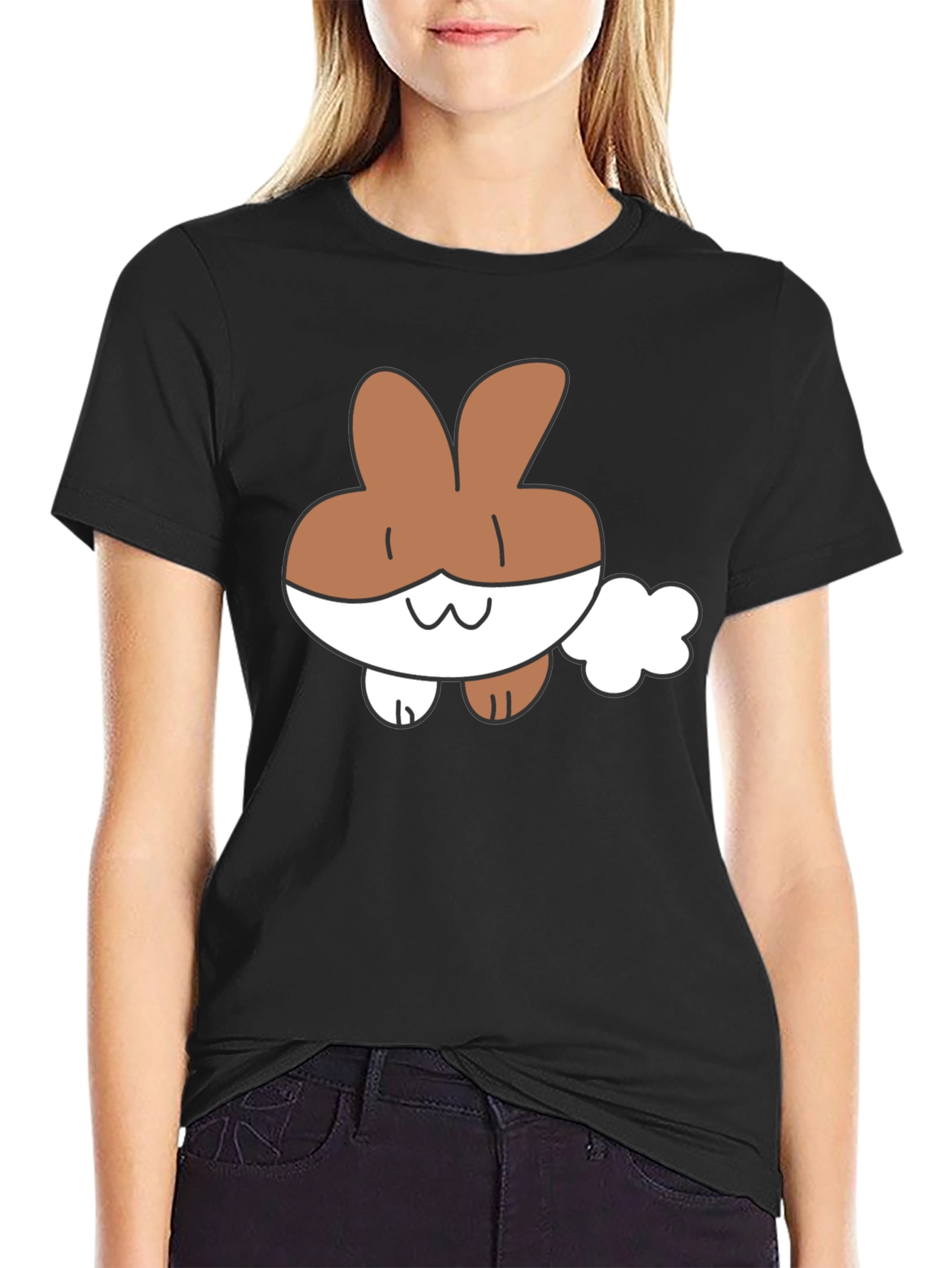 Cute Cartoon Bunny Black T-Shirt
