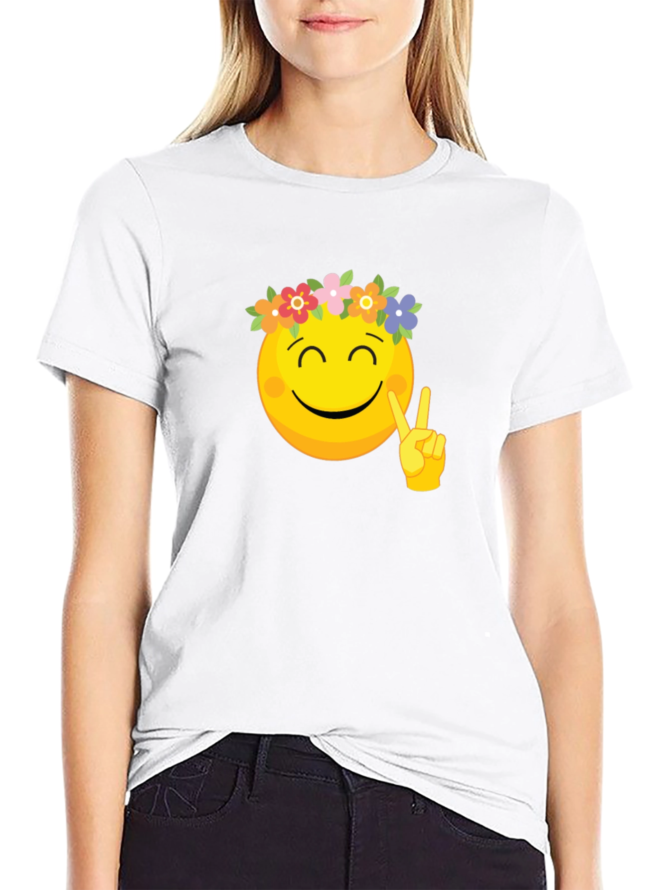 Peace Emoji Flower Crown Black Tee