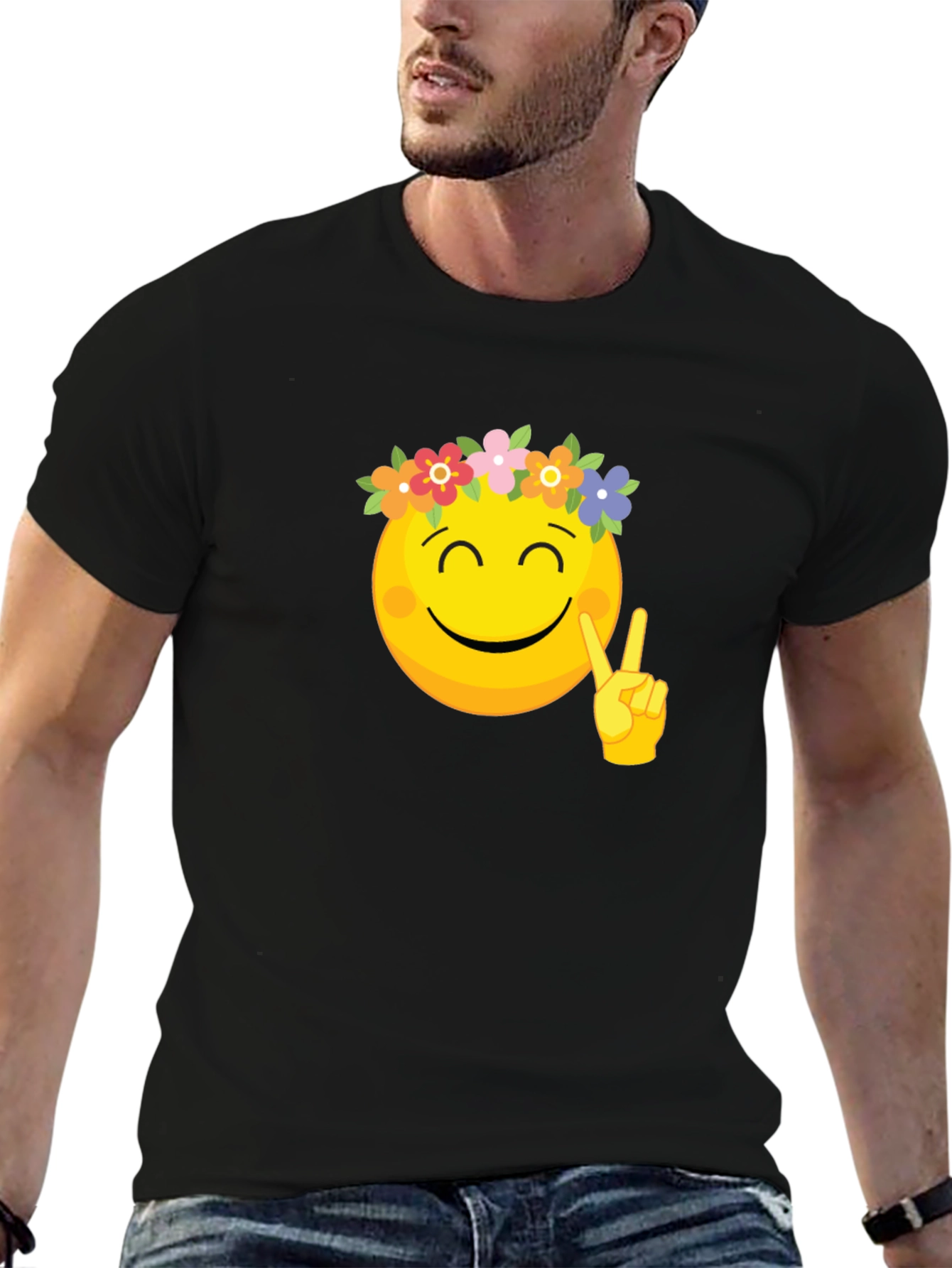 Peace Emoji Flower Crown Black Tee