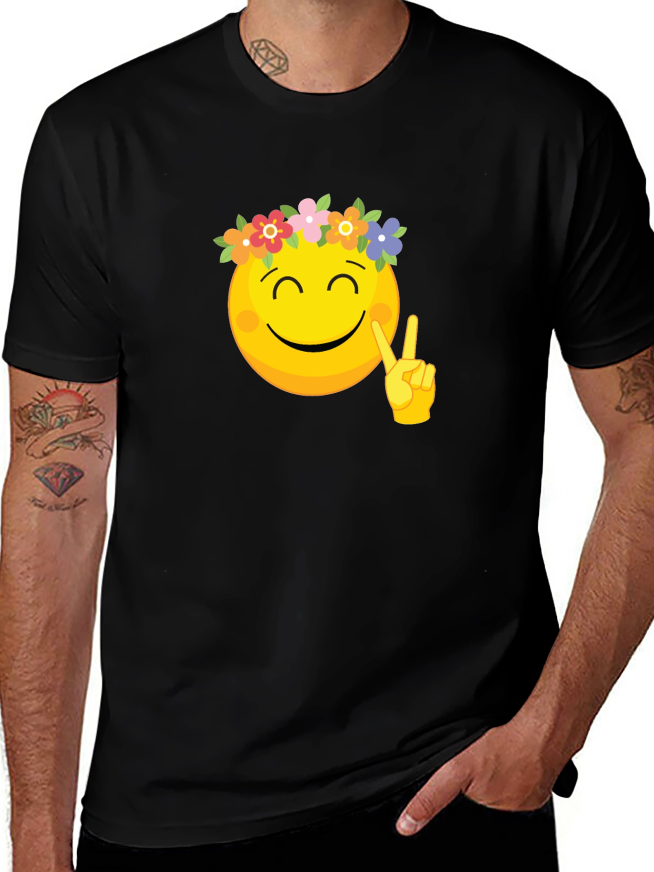 Peace Emoji Flower Crown Black Tee