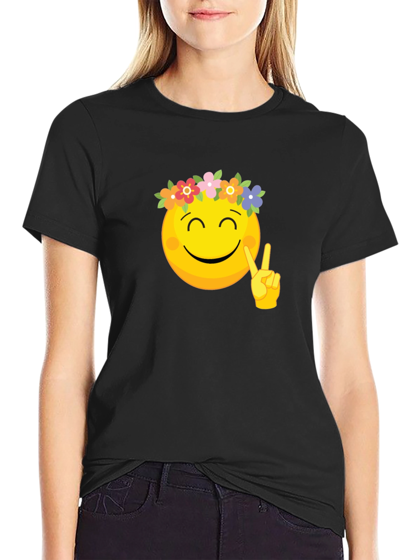 Peace Emoji Flower Crown Black Tee