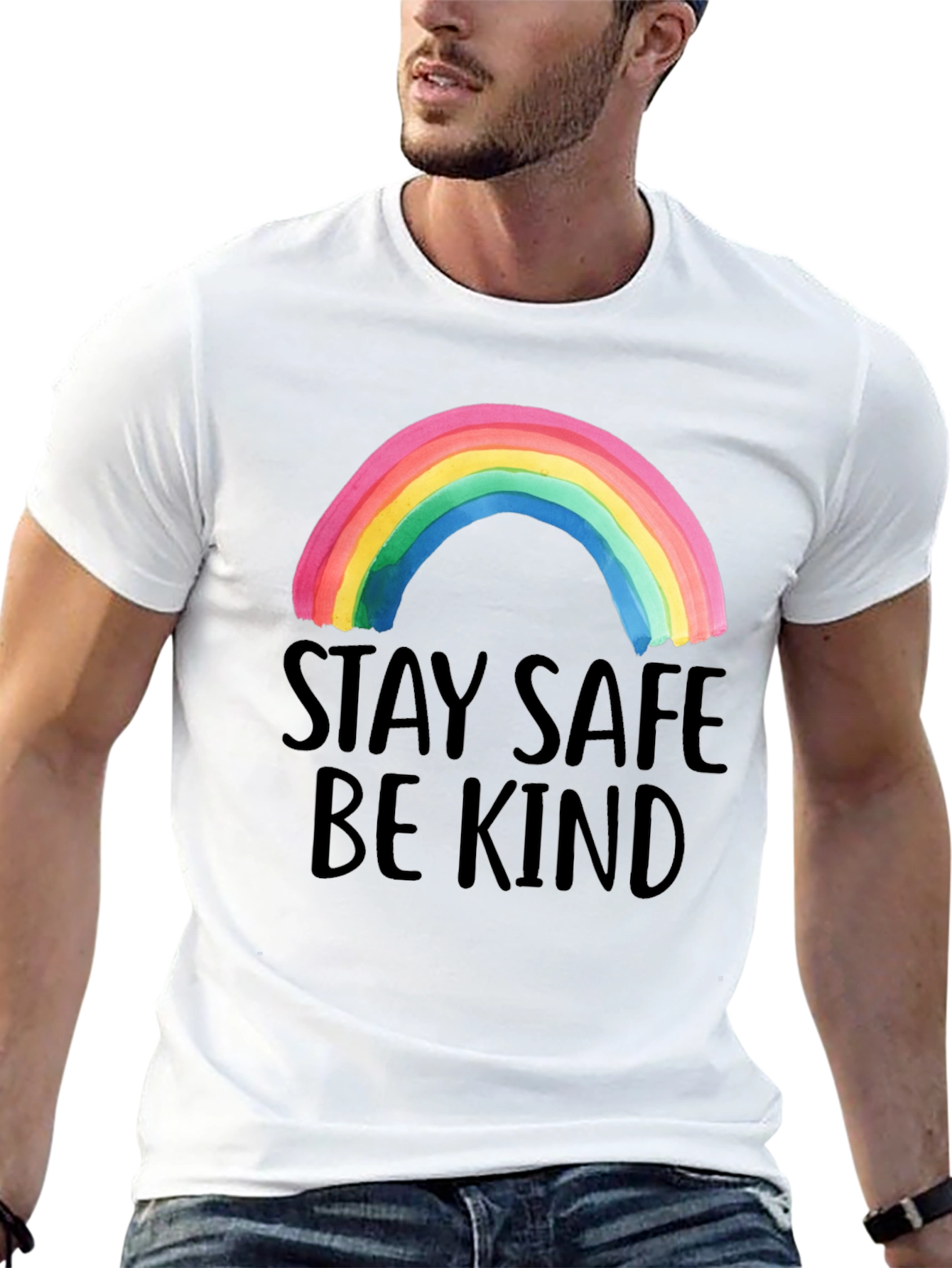 Stay Safe Be Kind Rainbow Graphic Tee