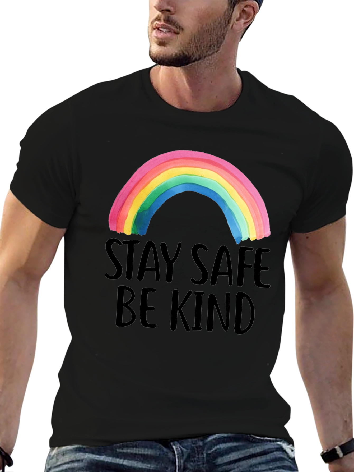 Stay Safe Be Kind Rainbow Graphic Tee