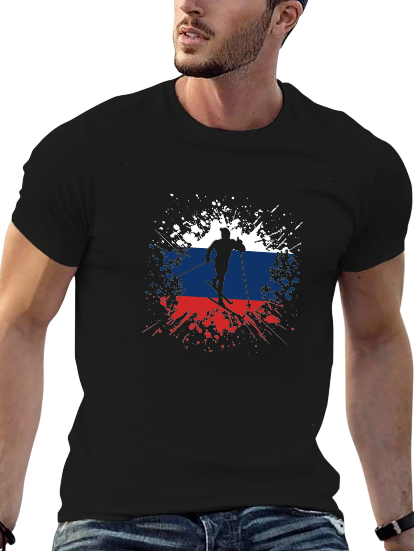Russian Flag Skier Graphic T-Shirt