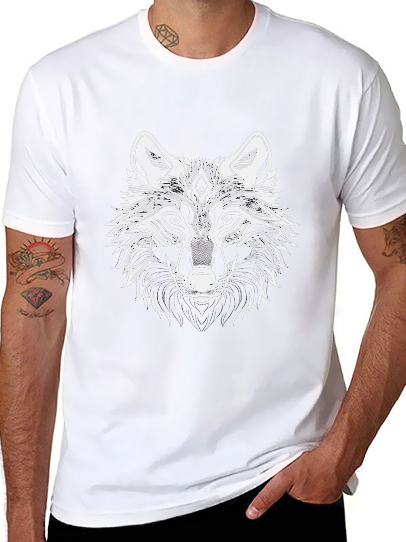 Mens Black T-Shirt with Wolf Graphic