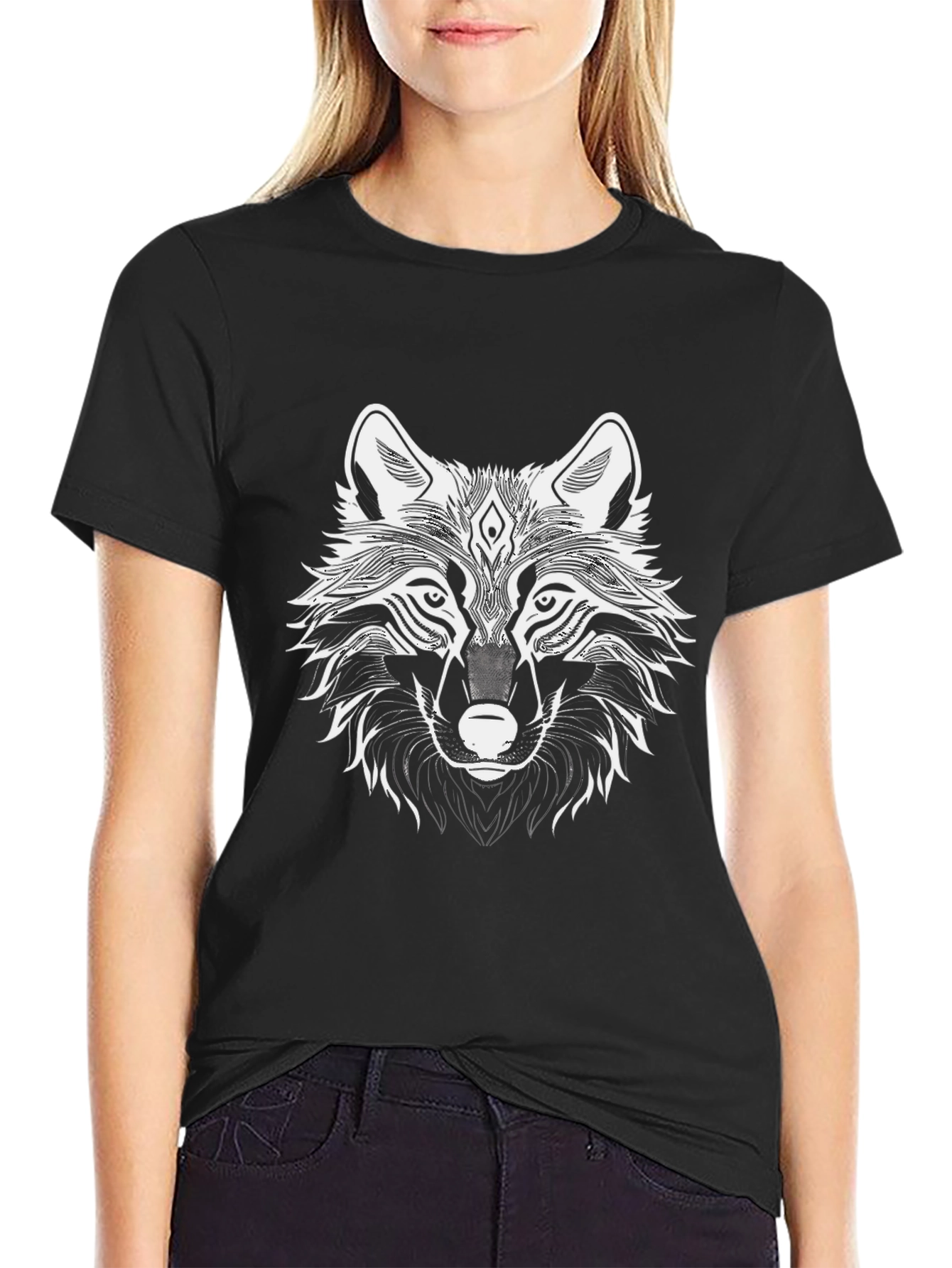 Mens Black T-Shirt with Wolf Graphic