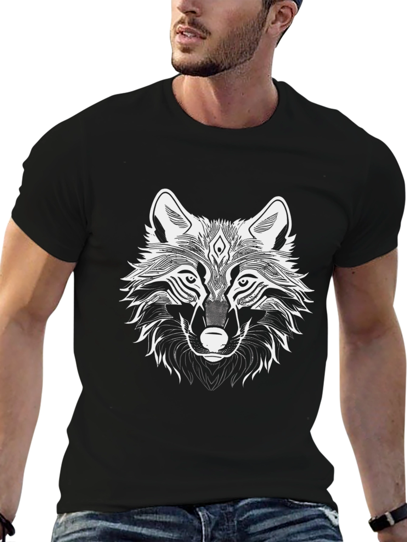Mens Black T-Shirt with Wolf Graphic