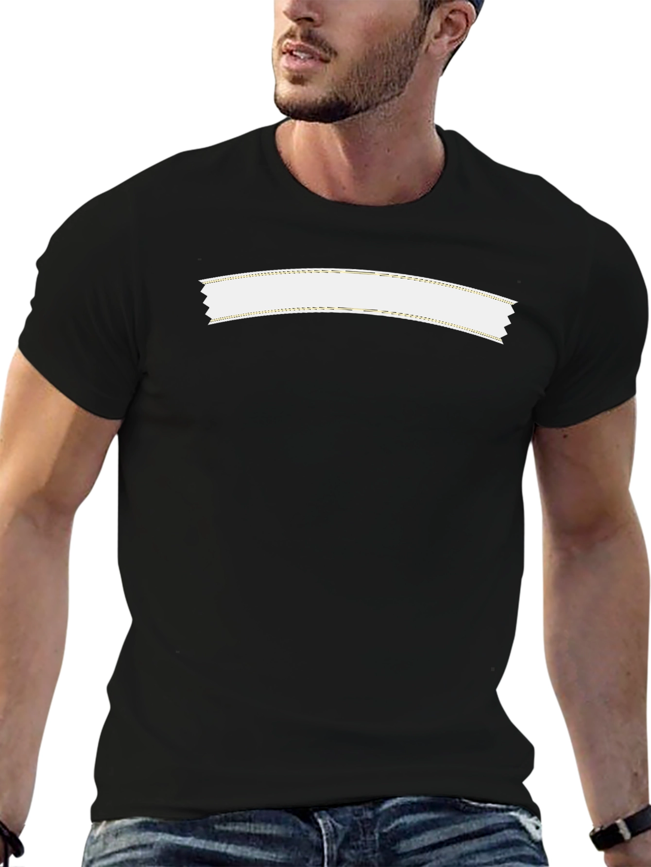 Mens Black Crew Neck T-Shirt with White Banner Design