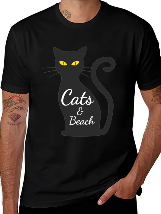 Cats & Beach Graphic Tee - Black Crew Neck