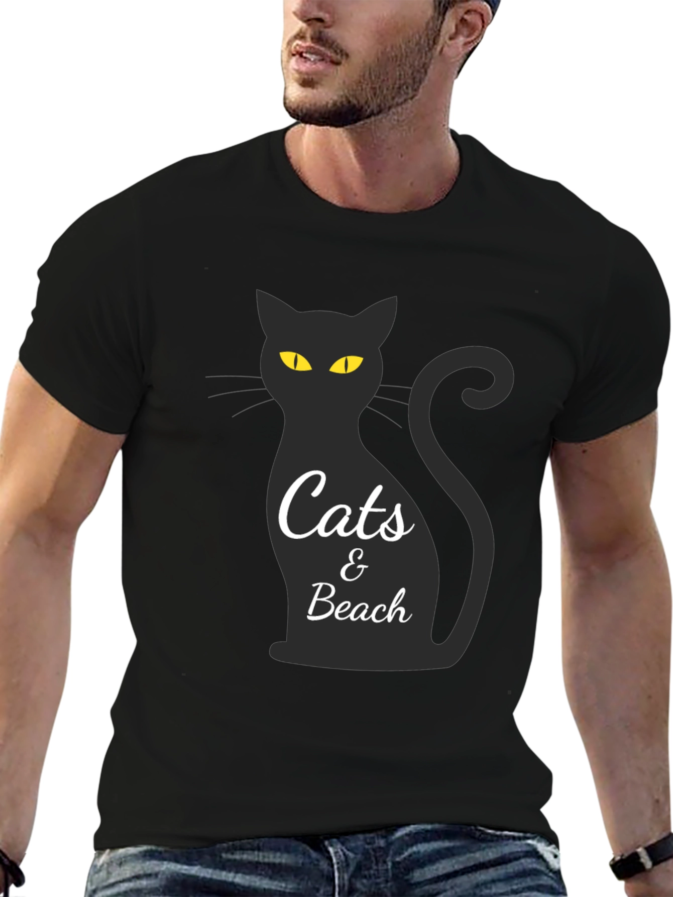 Cats & Beach Graphic Tee - Black Crew Neck