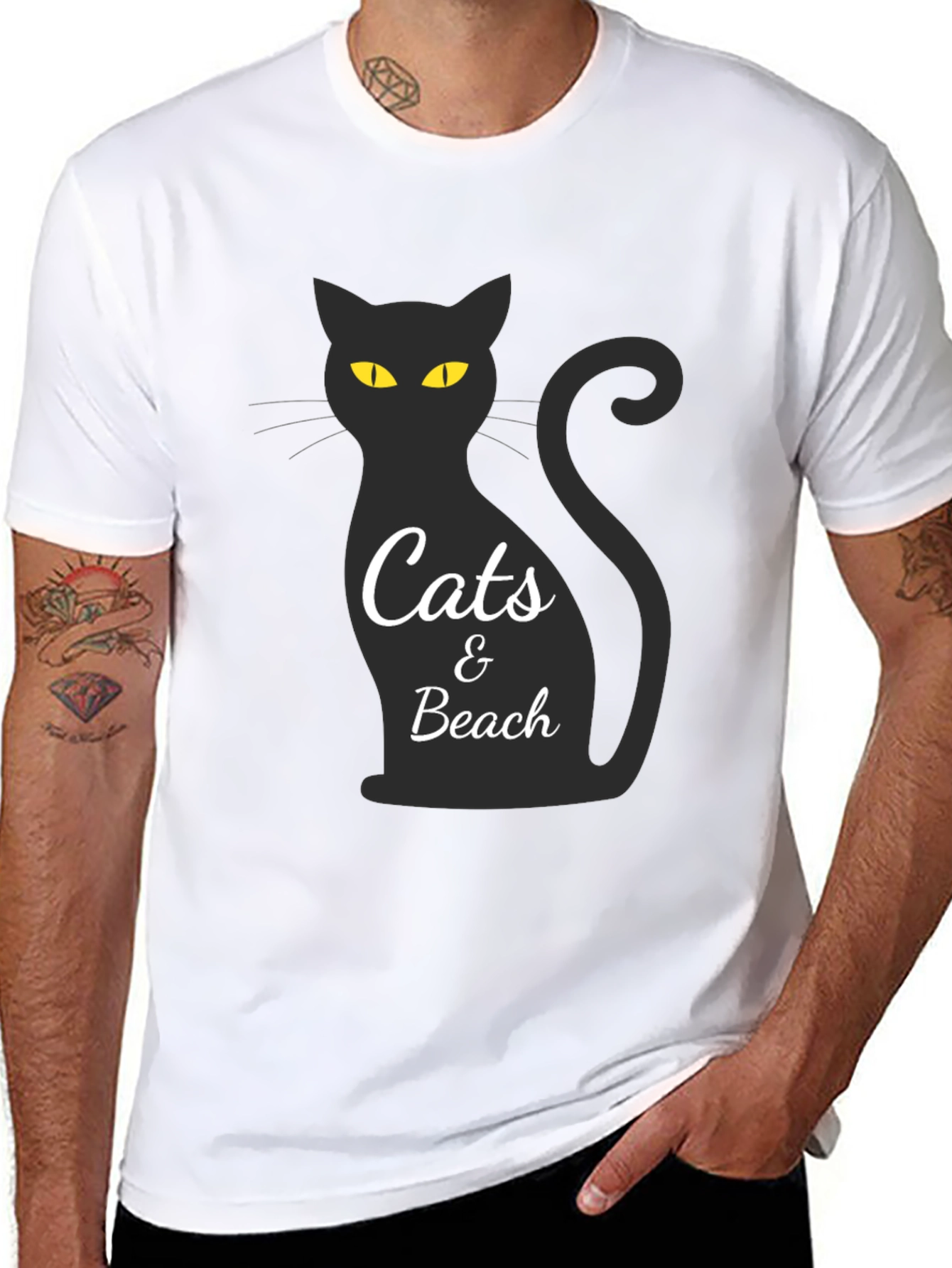 Cats & Beach Graphic Tee - Black Crew Neck
