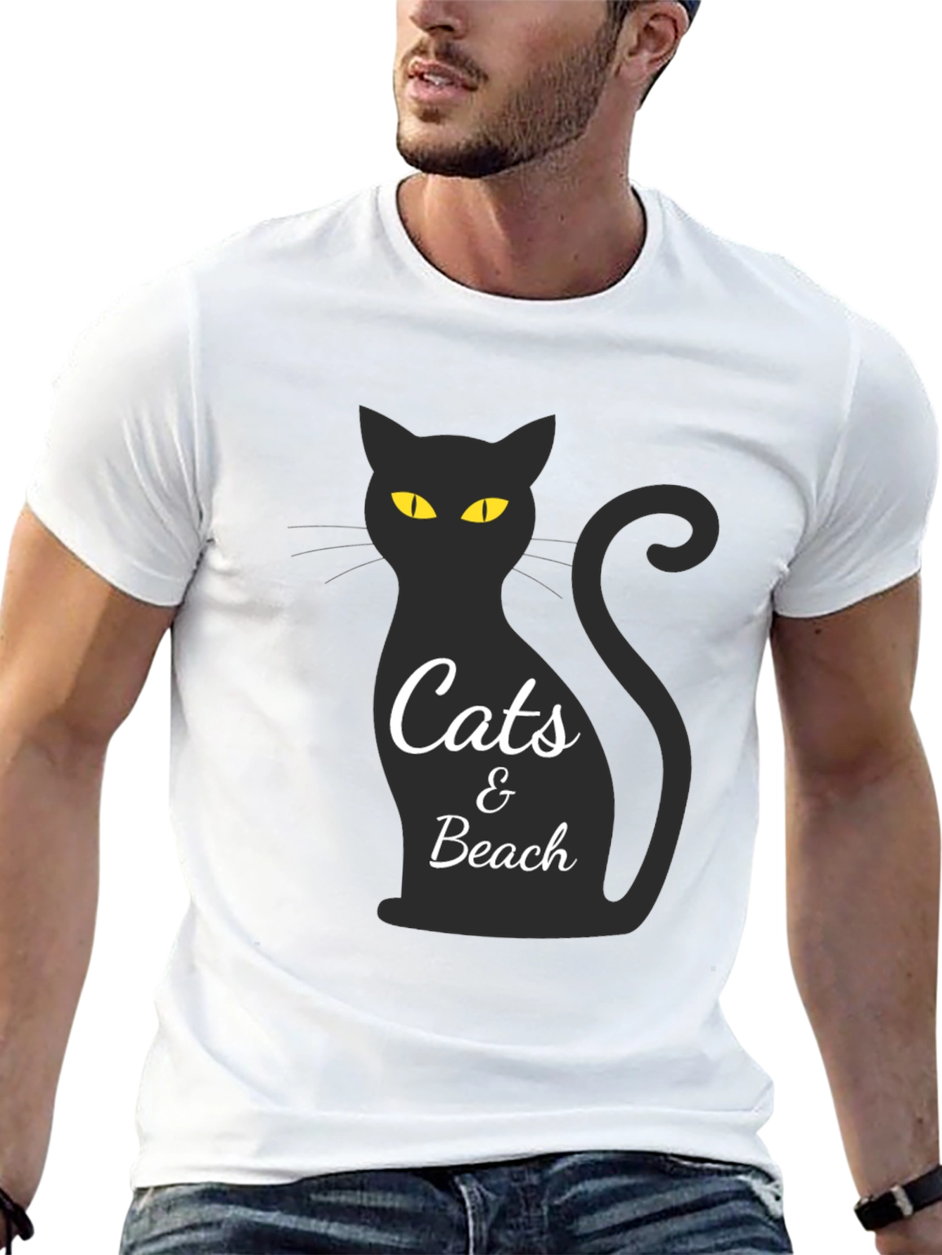 Cats & Beach Graphic Tee - Black Crew Neck