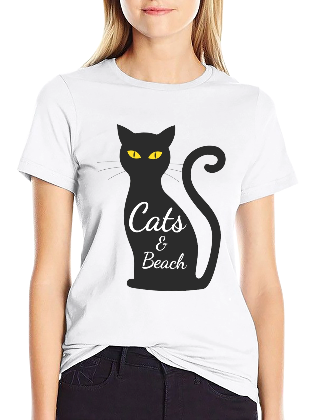 Cats & Beach Graphic Tee - Black Crew Neck