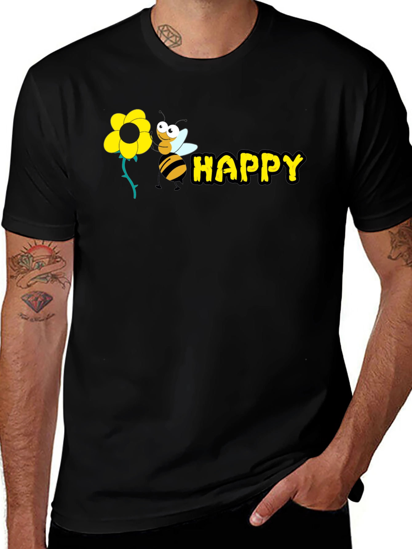Happy Bee Graphic Tee - Black Cotton T-Shirt