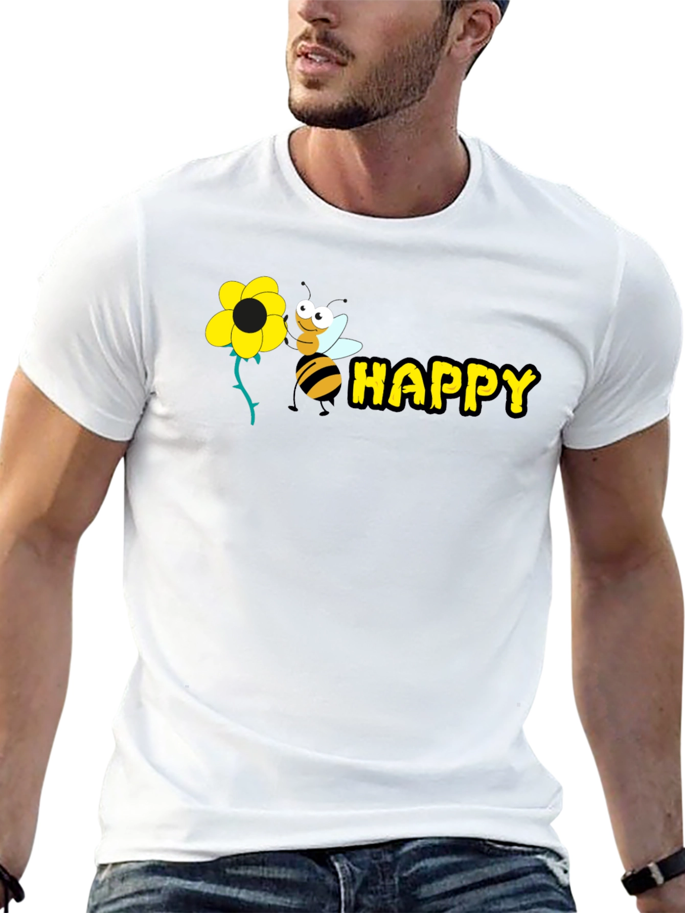 Happy Bee Graphic Tee - Black Cotton T-Shirt