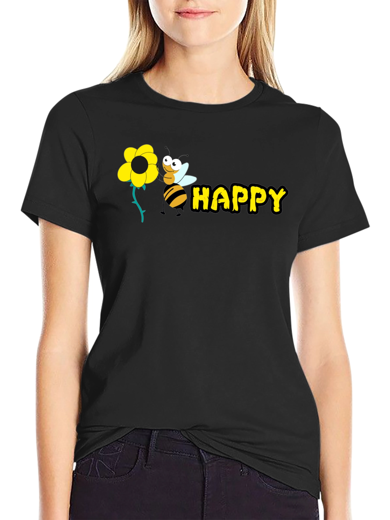 Happy Bee Graphic Tee - Black Cotton T-Shirt