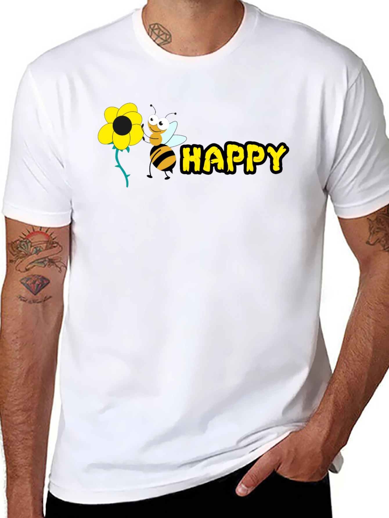 Happy Bee Graphic Tee - Black Cotton T-Shirt